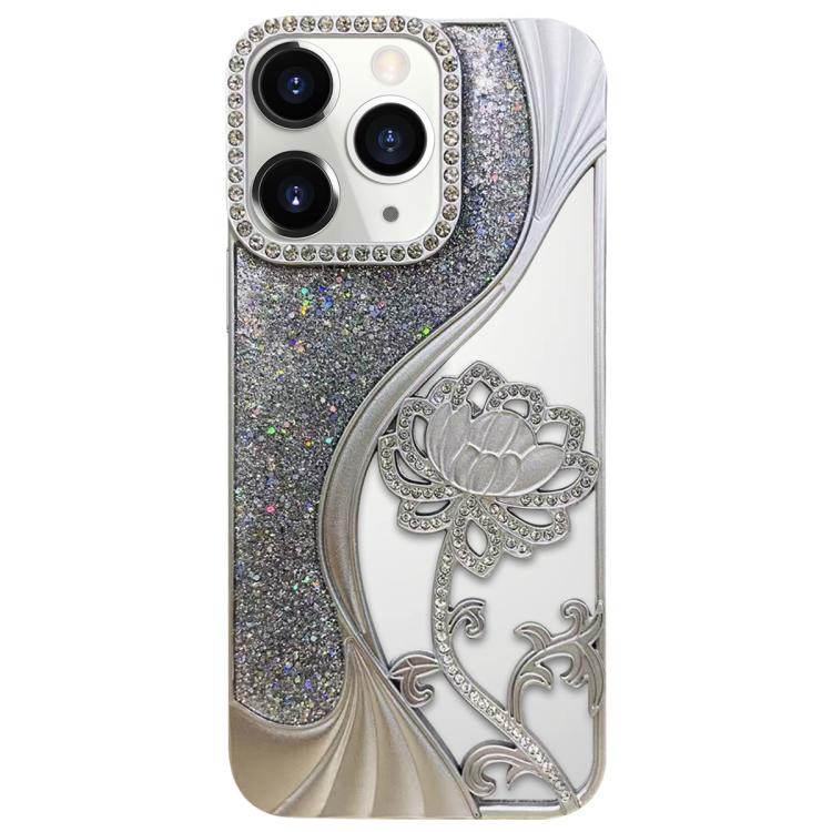 Capa para telemóvel em TPU eletroplatinado com padrão de lótus recortado e glitter de strass, para iPhone 12 Pro Max, para iPhone 12 Pro, para iPhone 11 Pro Max, para iPhone 11