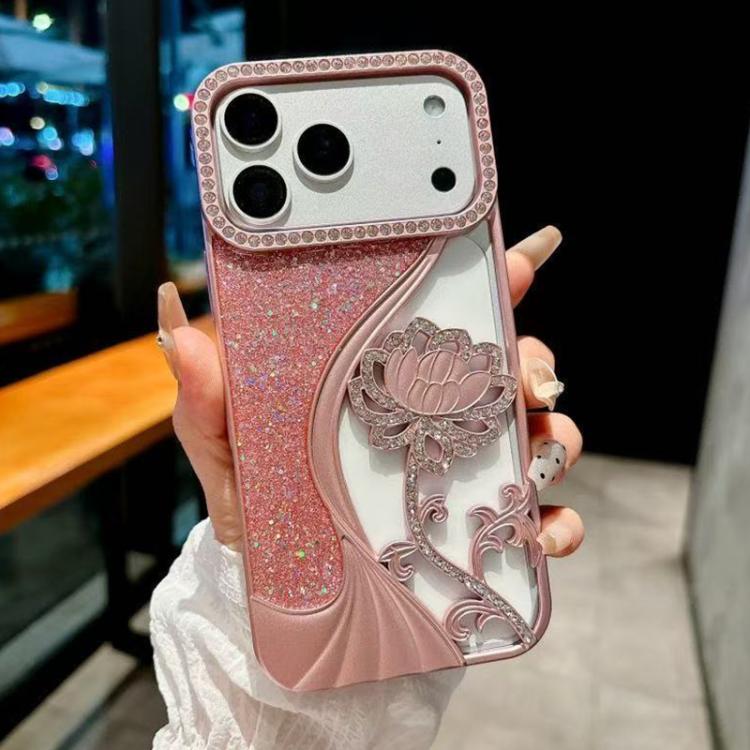 Electroplated TPU Lotus Hollow-carved  Rhinestone Glitter Phone Case, For iPhone 18 Pro, For iPhone 18 Pro Max, For iPhone 17 Pro Max, For iPhone 17 Pro, For iPhone 17, For iPhone 16 Pro Max, For iPhone 16 Pro, For iPhone 16
