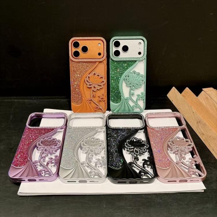 Capa para telemóvel em TPU eletroplatinado com padrão de lótus recortado e glitter de strass, para iPhone 12 Pro Max, para iPhone 12 Pro, para iPhone 11 Pro Max, para iPhone 11