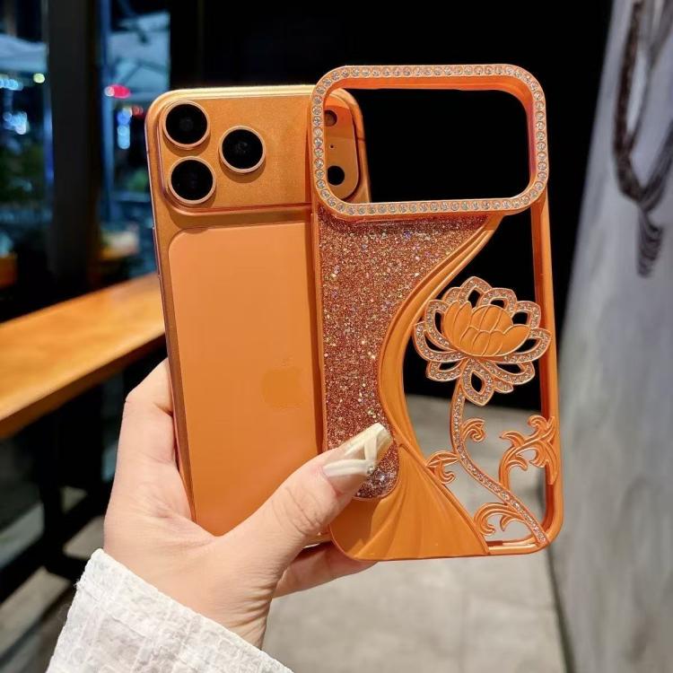 Capa para telemóvel em TPU eletroplatinado com padrão de lótus recortado e glitter de strass, para iPhone 15, para iPhone 14, para iPhone 14 Pro, para iPhone 14 Pro Max, para iPhone 13 Pro Max, para iPhone 13 Pro, para iPhone 13, para iPhone 12