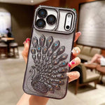 Electroplated TPU Peacock Relief Rhinestone Glitter Phone Case with Lens Film, For iPhone 17 Pro Max, For iPhone 17 Pro, For iPhone 17, For iPhone 16 Pro Max, For iPhone 16 Pro, For iPhone 16 Plus, For iPhone 16, For iPhone 15 Pro Max