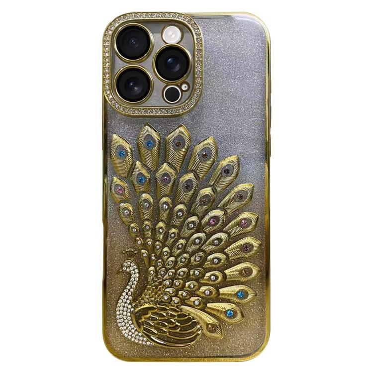 Electroplated TPU Peacock Relief Rhinestone Glitter Phone Case with Lens Film, For iPhone 17 Pro Max, For iPhone 17 Pro, For iPhone 17, For iPhone 16 Pro Max, For iPhone 16 Pro, For iPhone 16 Plus, For iPhone 16, For iPhone 15 Pro Max