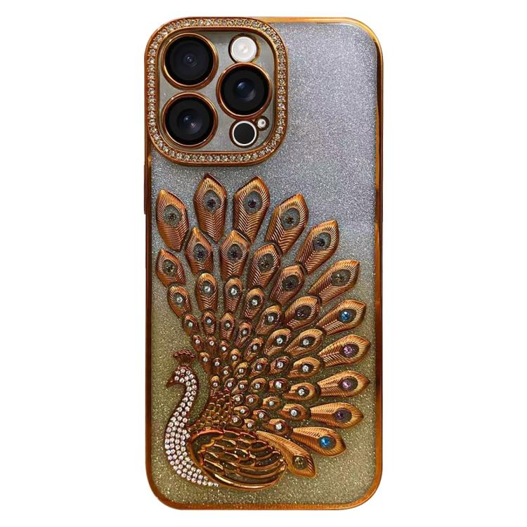 Electroplated TPU Peacock Relief Rhinestone Glitter Phone Case with Lens Film, For iPhone 17 Pro Max, For iPhone 17 Pro, For iPhone 17, For iPhone 16 Pro Max, For iPhone 16 Pro, For iPhone 16 Plus, For iPhone 16, For iPhone 15 Pro Max