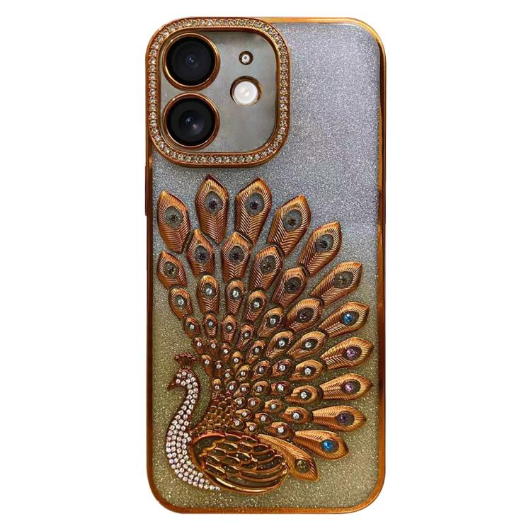 Capa para telemóvel em TPU eletroplatinado com padrão de pavão em relevo, glitter de strass e película para lente, para iPhone 11