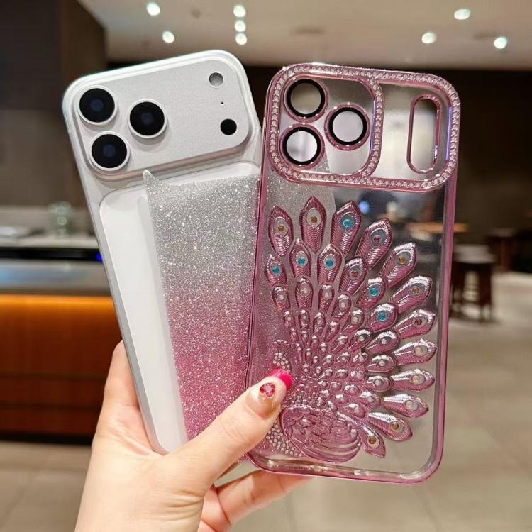 Electroplated TPU Peacock Relief Rhinestone Glitter Phone Case with Lens Film, For iPhone 17 Pro Max, For iPhone 17 Pro, For iPhone 17, For iPhone 16 Pro Max, For iPhone 16 Pro, For iPhone 16 Plus, For iPhone 16, For iPhone 15 Pro Max