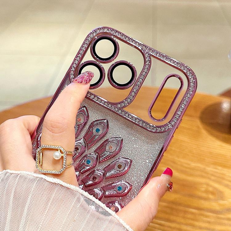 Electroplated TPU Peacock Relief Rhinestone Glitter Phone Case with Lens Film, For iPhone 17 Pro Max, For iPhone 17 Pro, For iPhone 17, For iPhone 16 Pro Max, For iPhone 16 Pro, For iPhone 16 Plus, For iPhone 16, For iPhone 15 Pro Max