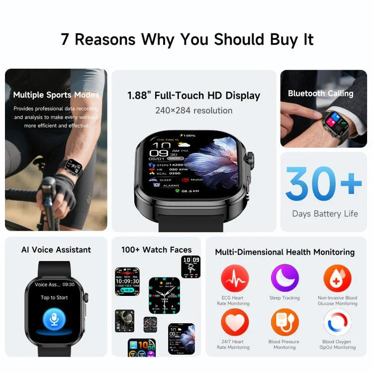 GE52 Ecrã HD Full Touch de 1,88 polegadas Smartwatch com Chamada BT Correia de Silicone, Suporta Monitorização de Saúde