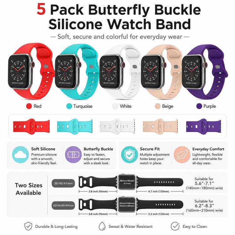 Pack de 5 Pulseiras em Silicone com Fivela Borboleta xDfind, Para Apple Watch 42 / 44 / 45 / 46 / 49mm, Para Apple Watch 38 / 40 / 41 / S11 42mm