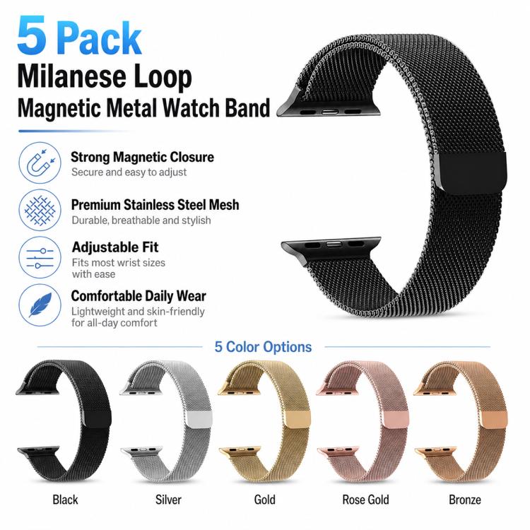 Pack de 5 Pulseiras Magnéticas em Metal Milanês xDfind, Para Apple Watch 42 / 44 / 45 / 46 / 49mm, Para Apple Watch 38 / 40 / 41 / S11 42mm