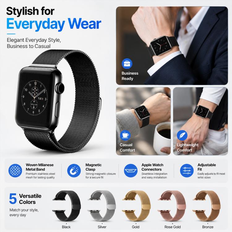 Pack de 5 Pulseiras Magnéticas em Metal Milanês xDfind, Para Apple Watch 42 / 44 / 45 / 46 / 49mm, Para Apple Watch 38 / 40 / 41 / S11 42mm