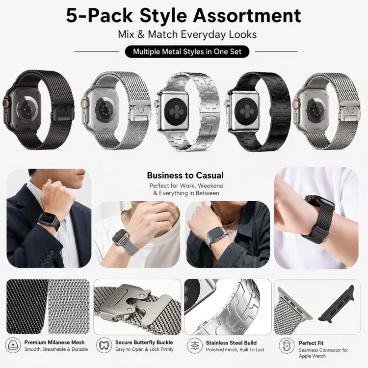 Pack de 5 Pulseiras Mistas Milanês com Fivela Guarda-Chuva + Fivela Borboleta xDfind, Para Apple Watch 42 / 44 / 45 / 46 / 49mm, Para Apple Watch 38 / 40 / 41 / S11 42mm
