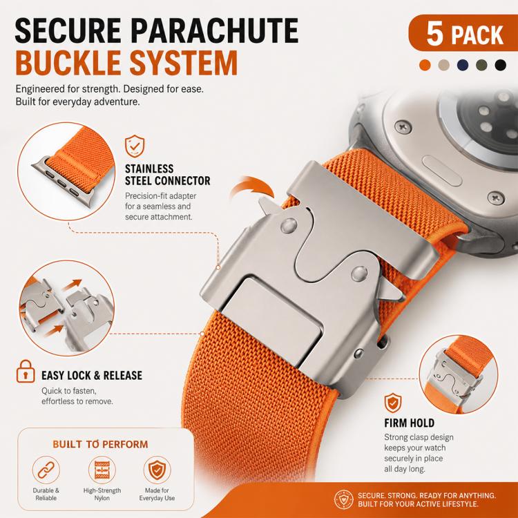 Pack de 5 Pulseiras em Nylon Elástico com Fivela Pára-quedas xDfind, Para Apple Watch 42 / 44 / 45 / 46 / 49mm, Para Apple Watch 38 / 40 / 41 / S11 42mm