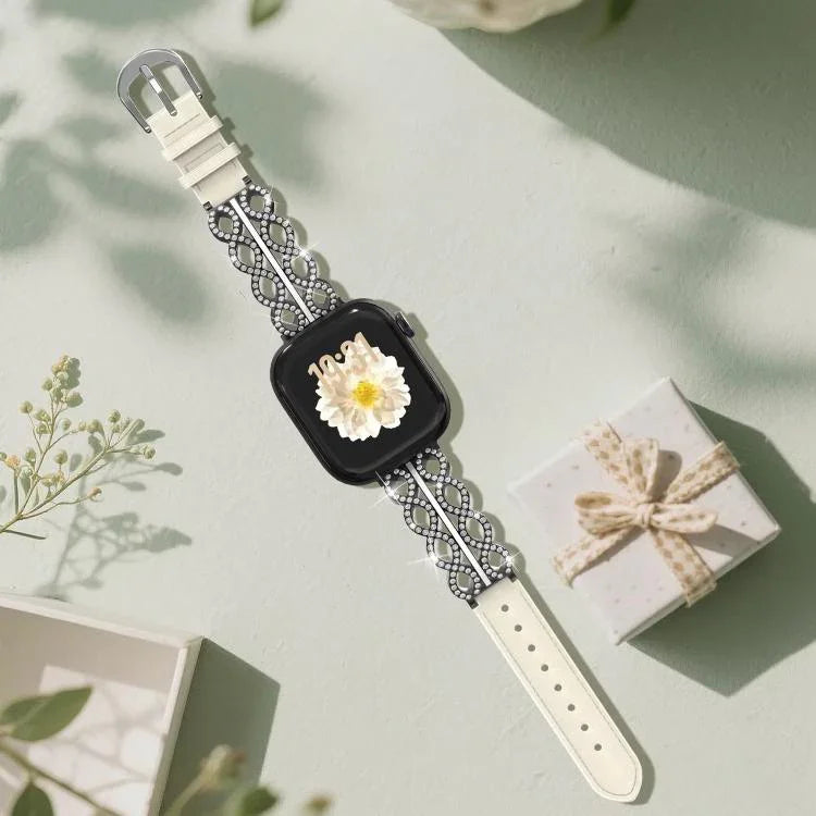 Pulseira Híbrida em Pele Genuína com Aço Inoxidável e Diamantes xDfind, Para Apple Watch 38 / 40 / 41 / S11 42mm