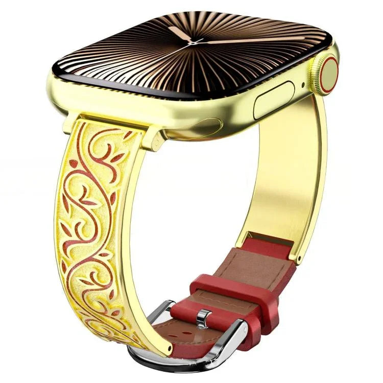 Pulseira Híbrida em Pele Genuína com Aço Inoxidável e Gravura Floral Retro xDfind, Para Apple Watch 38 / 40 / 41 / S11 42mm