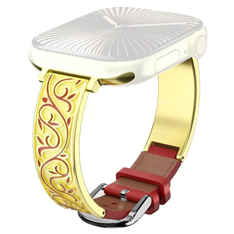 Pulseira Híbrida em Pele Genuína com Aço Inoxidável e Gravura Floral Retro xDfind, Para Apple Watch 38 / 40 / 41 / S11 42mm