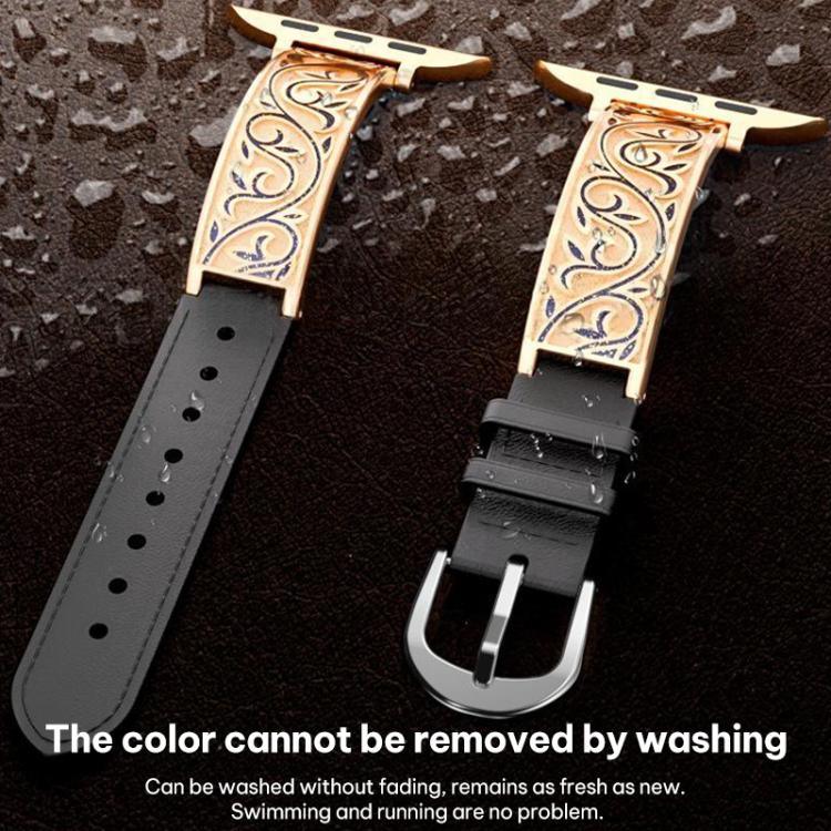 Pulseira Híbrida em Pele Genuína com Aço Inoxidável e Gravura Floral Retro xDfind, Para Apple Watch 38 / 40 / 41 / S11 42mm