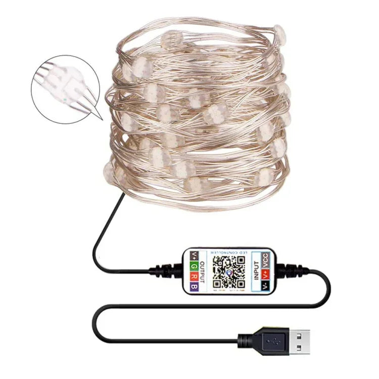 Fita de Luz de Cobre LED RGB USB para Decoração de Férias, Controlo por APP Móvel Bluetooth, 2m 20 LEDs, 5m 50 LEDs, 10m 100 LEDs, 12m 120 LEDs, 15m 150 LEDs, 20m 200 LEDs