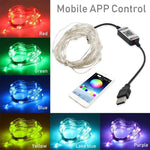 Fita de Luz de Cobre LED RGB USB para Decoração de Férias, Controlo por APP Móvel Bluetooth, 2m 20 LEDs, 5m 50 LEDs, 10m 100 LEDs, 12m 120 LEDs, 15m 150 LEDs, 20m 200 LEDs