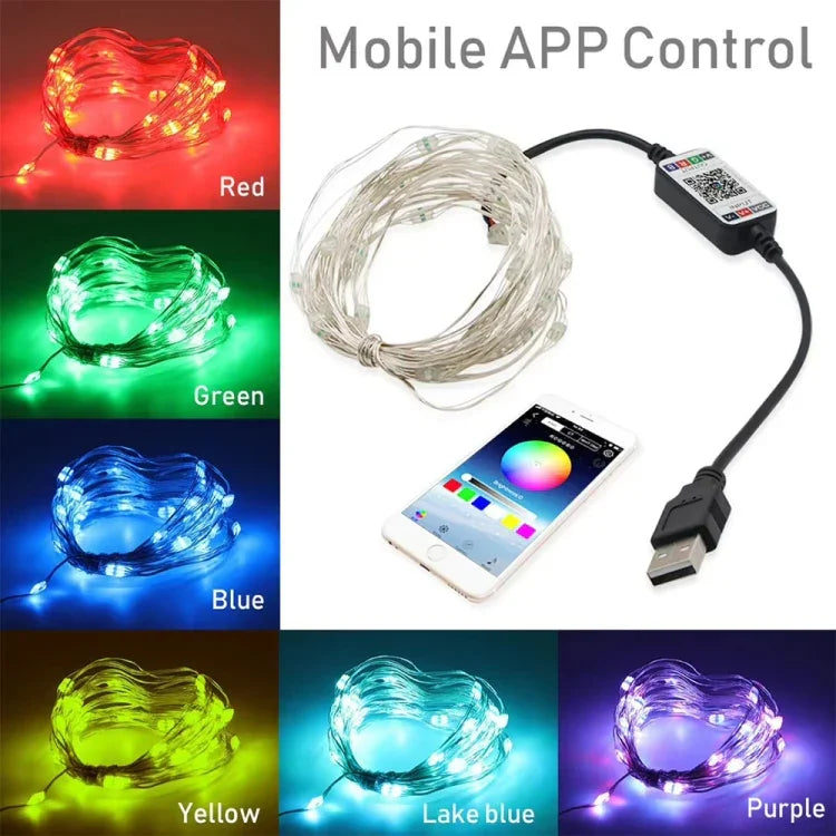 Fita de Luz de Cobre LED RGB USB para Decoração de Férias, Controlo por APP Móvel Bluetooth, 2m 20 LEDs, 5m 50 LEDs, 10m 100 LEDs, 12m 120 LEDs, 15m 150 LEDs, 20m 200 LEDs