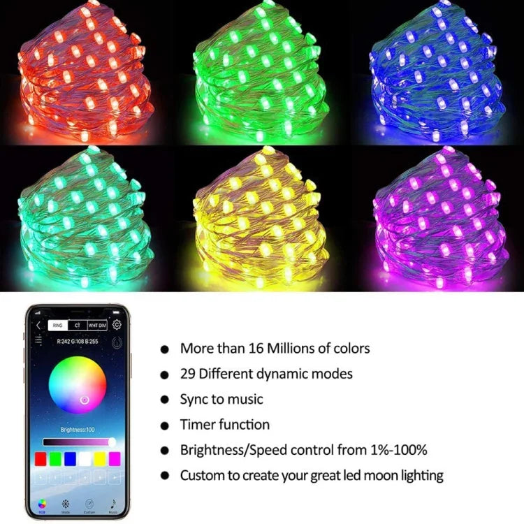 Fita de Luz de Cobre LED RGB USB para Decoração de Férias, Controlo por APP Móvel Bluetooth, 2m 20 LEDs, 5m 50 LEDs, 10m 100 LEDs, 12m 120 LEDs, 15m 150 LEDs, 20m 200 LEDs