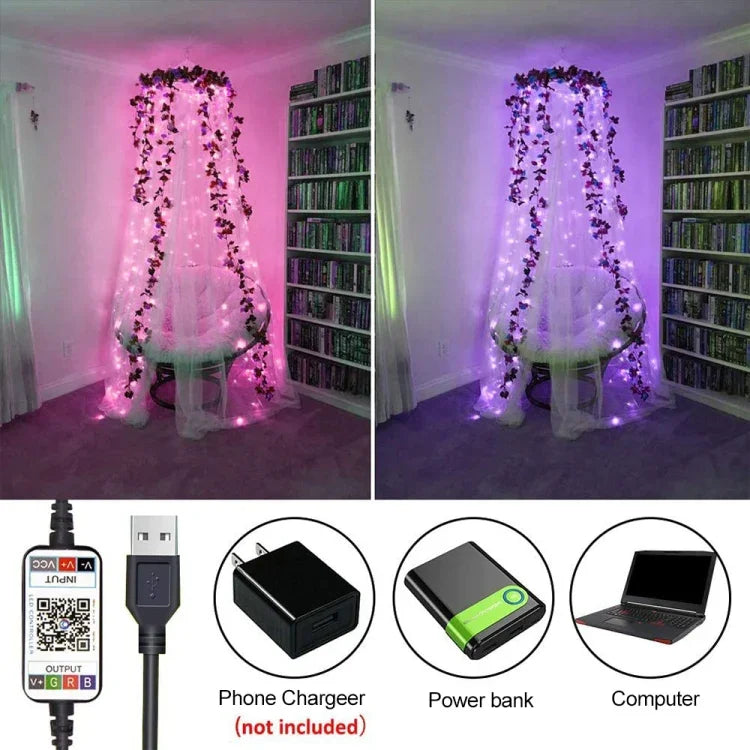 Fita de Luz de Cobre LED RGB USB para Decoração de Férias, Controlo por APP Móvel Bluetooth, 2m 20 LEDs, 5m 50 LEDs, 10m 100 LEDs, 12m 120 LEDs, 15m 150 LEDs, 20m 200 LEDs