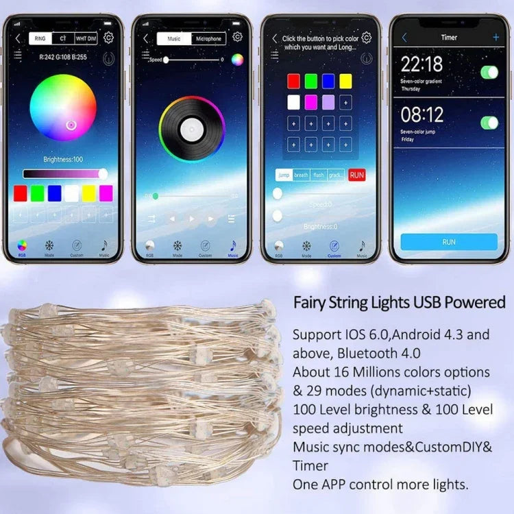 Fita de Luz de Cobre LED RGB USB para Decoração de Férias, Controlo por APP Móvel Bluetooth, 2m 20 LEDs, 5m 50 LEDs, 10m 100 LEDs, 12m 120 LEDs, 15m 150 LEDs, 20m 200 LEDs