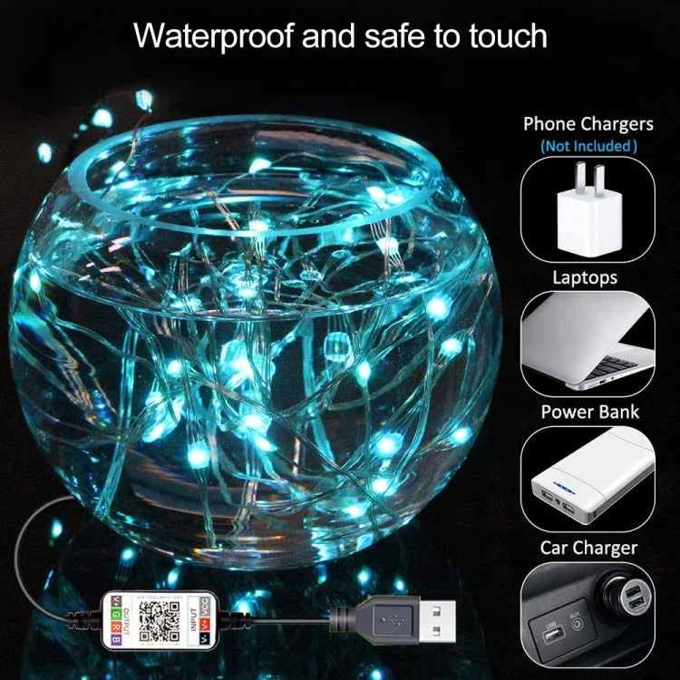 Fita de Luz de Cobre LED RGB USB para Decoração de Férias, Controlo por APP Móvel Bluetooth, 2m 20 LEDs, 5m 50 LEDs, 10m 100 LEDs, 12m 120 LEDs, 15m 150 LEDs, 20m 200 LEDs