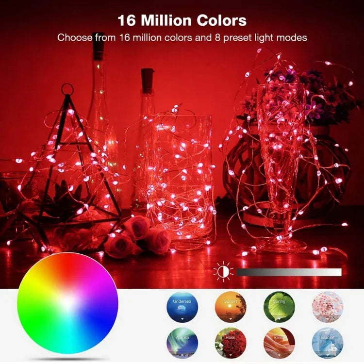 Fita de Luz de Cobre LED RGB USB para Decoração de Férias, Controlo por APP Móvel Bluetooth, 2m 20 LEDs, 5m 50 LEDs, 10m 100 LEDs, 12m 120 LEDs, 15m 150 LEDs, 20m 200 LEDs