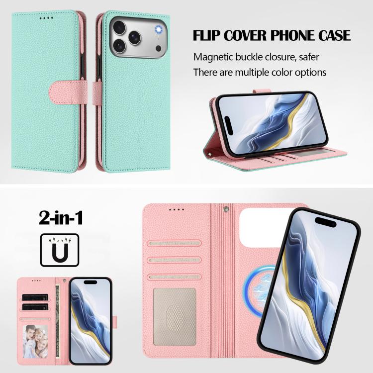 Capa para telemóvel em pele vegana com textura litchi, patch lateral magnético destacável, para iPhone 17 Pro Max, para iPhone 17 Pro, para iPhone 17, para iPhone Air, para iPhone 16 Pro Max, para iPhone 16 Pro, para iPhone 16 Plus, para iPhone 16
