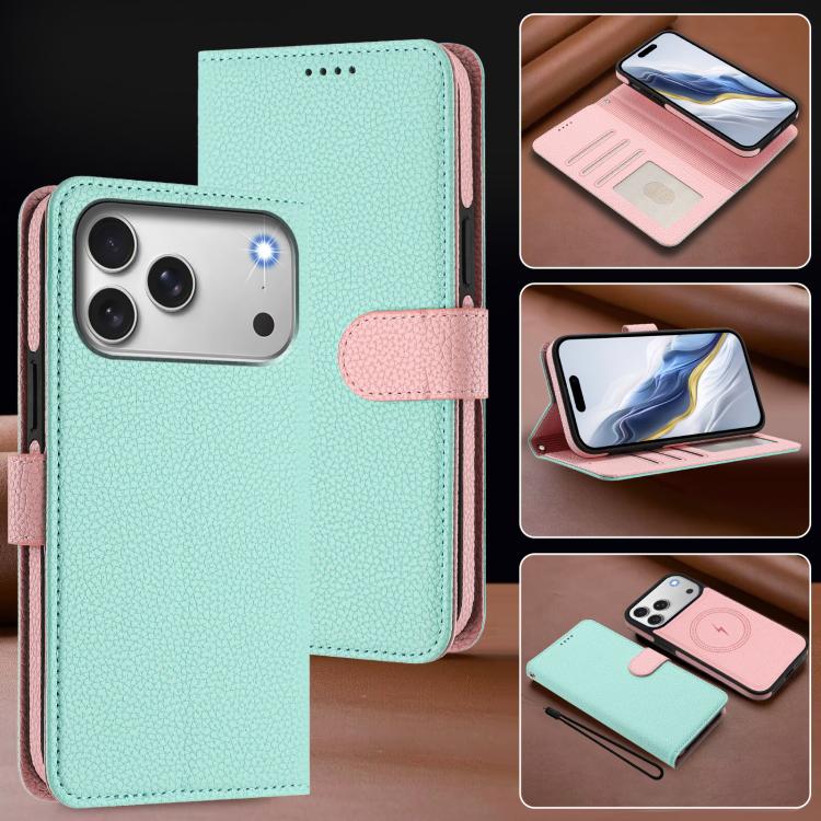 Capa para telemóvel em pele vegana com textura litchi, patch lateral magnético destacável, para iPhone 17 Pro Max, para iPhone 17 Pro, para iPhone 17, para iPhone Air, para iPhone 16 Pro Max, para iPhone 16 Pro, para iPhone 16 Plus, para iPhone 16