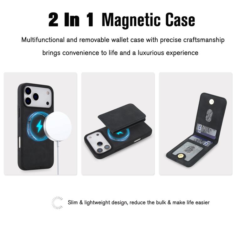 Capa de Telemóvel com Carteira Destacável Magnética em Pele Sintética Retro YM030, Para iPhone 17 Pro Max, Para iPhone 17 Pro