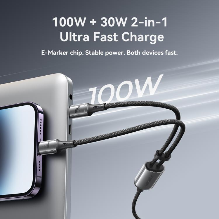 JOYROOM S-A57 Série RapidX Cabo de Dados 2 em 1 USB-C / Tipo-C para USB-C / Tipo-C, 8 Pinos para Carregamento Rápido 100W, 1,5m