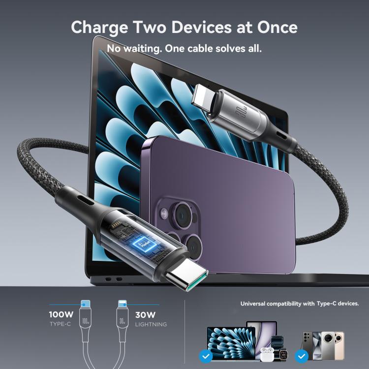 JOYROOM S-A57 Série RapidX Cabo de Dados 2 em 1 USB-C / Tipo-C para USB-C / Tipo-C, 8 Pinos para Carregamento Rápido 100W, 1,5m
