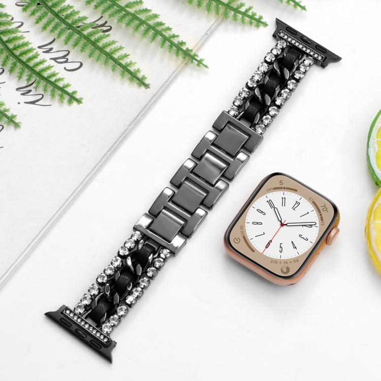 Pulseira de Relógio em Metal com Couro Vegan Diamante, Para Apple Watch 46mm / 49mm / 45mm / 44mm, Para Apple Watch 42mm / 41mm / 40mm / 38mm