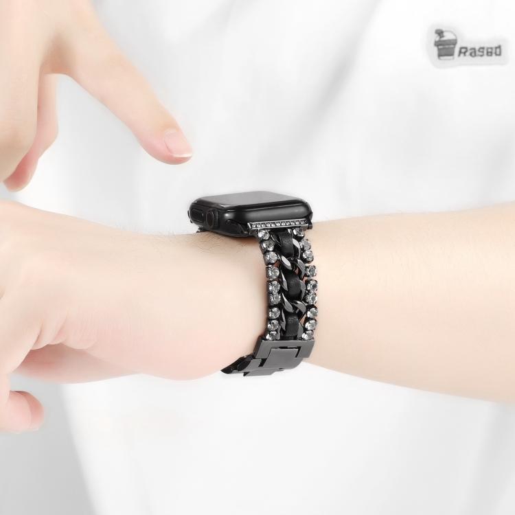 Pulseira de Relógio em Metal com Couro Vegan Diamante, Para Apple Watch 46mm / 49mm / 45mm / 44mm, Para Apple Watch 42mm / 41mm / 40mm / 38mm