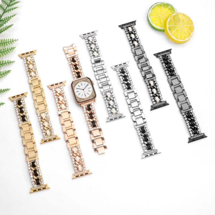 Pulseira de Relógio em Metal com Couro Vegan Diamante, Para Apple Watch 46mm / 49mm / 45mm / 44mm, Para Apple Watch 42mm / 41mm / 40mm / 38mm