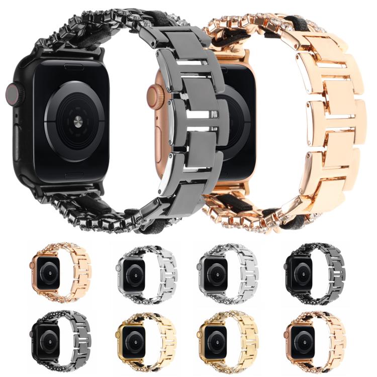 Pulseira de Relógio em Metal com Couro Vegan Diamante, Para Apple Watch 46mm / 49mm / 45mm / 44mm, Para Apple Watch 42mm / 41mm / 40mm / 38mm