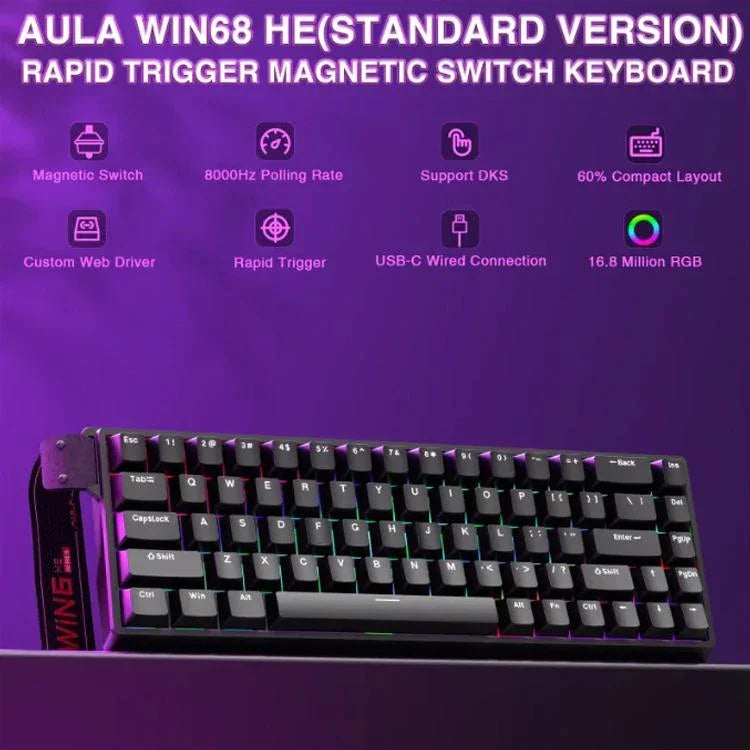 Teclado com Fios AULA WIN68HE Versão Standard 68 Teclas RGB, WIN68HE Eixo Magnético Preto Cinzento Madeira