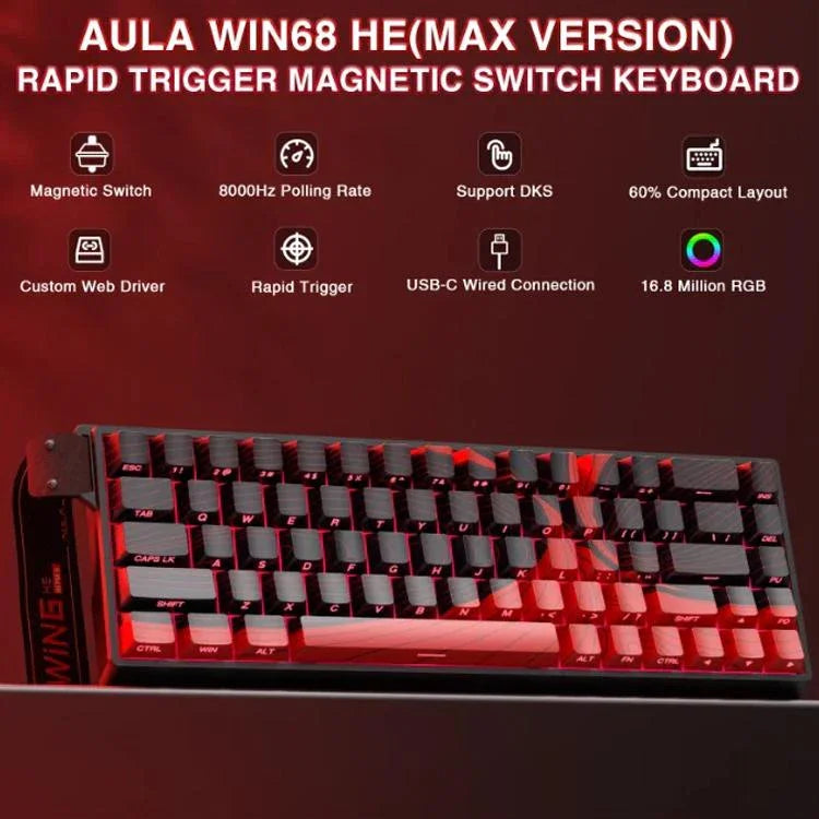 Teclado com Fios AULA WIN68HE Versão MAX 68 Teclas RGB, WIN68HE Eixo Magnético Vermelho Wing Chun