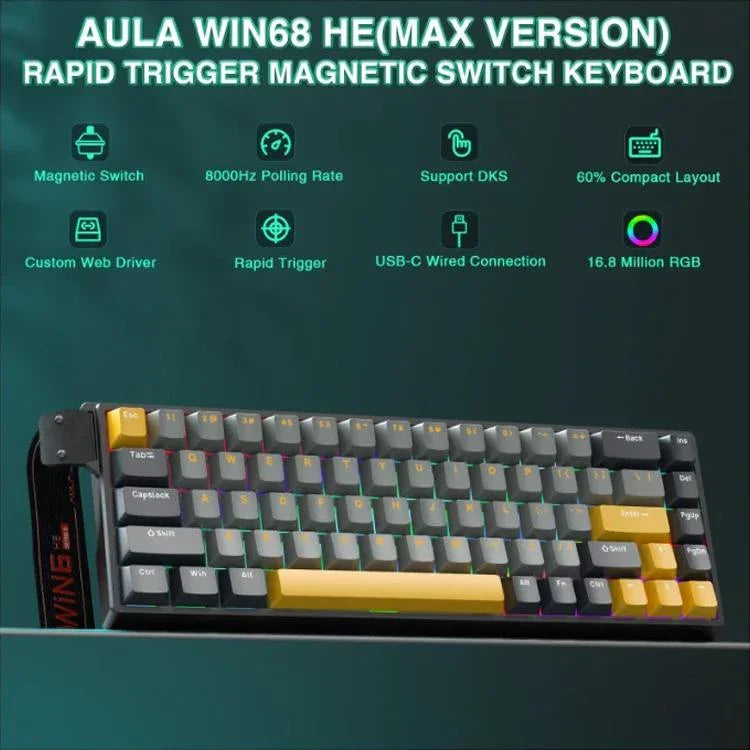 Teclado com Fios AULA WIN68HE Versão MAX 68 Teclas RGB, WIN68HE Eixo Magnético Wing Chun Escuro+Claro+Amarelo