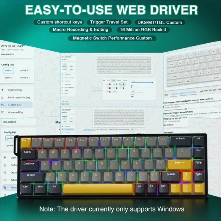 Teclado com Fios AULA WIN68HE Versão MAX 68 Teclas RGB, WIN68HE Eixo Magnético Wing Chun Escuro+Claro+Amarelo