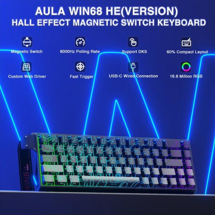 Teclado com Fios AULA WIN68HE Versão Standard 68 Teclas RGB, WIN68HE Eixo Magnético Madeira Cinzento com Linhas de Contorno Pretas