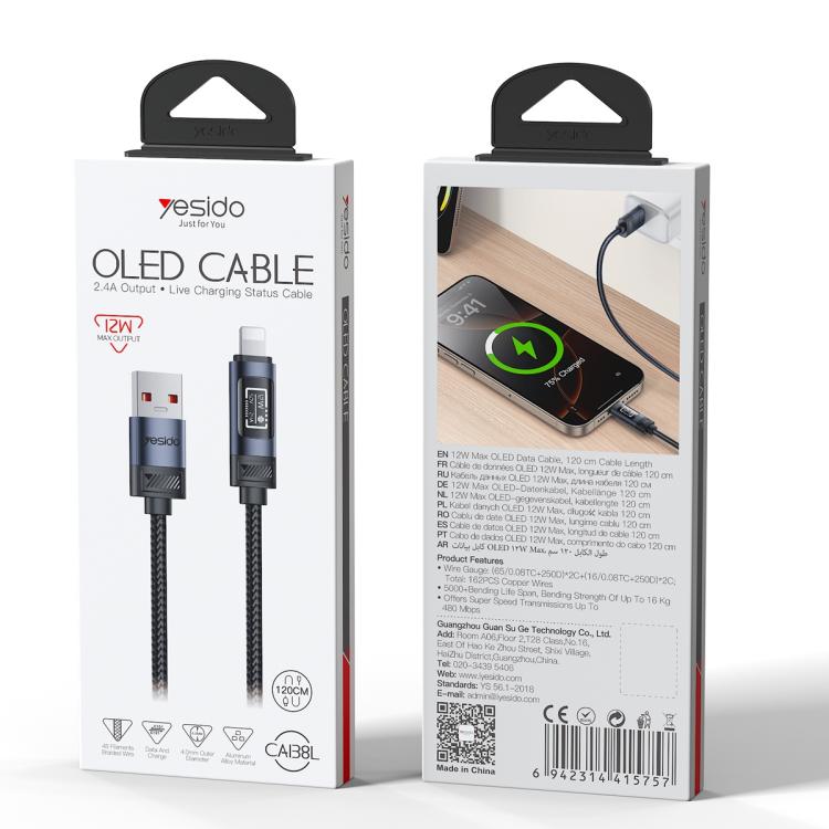 Cabo de Carregamento e Dados Yesido CA138L 12W 2.4A USB para 8 Pinos com Ecrã OLED, USB para 8 Pinos