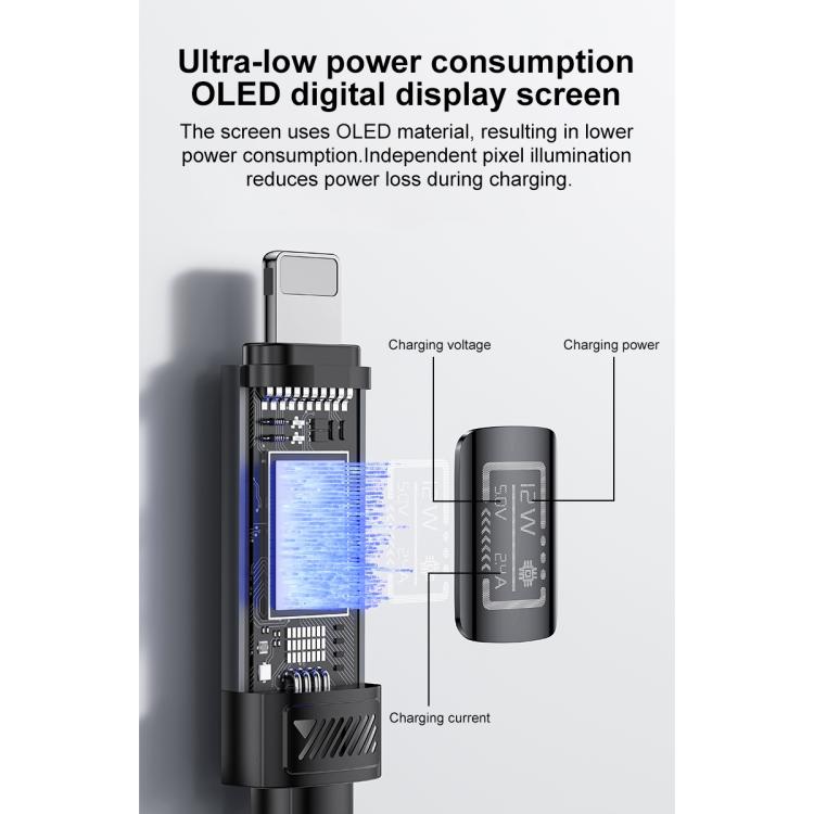 Cabo de Carregamento e Dados Yesido CA138L 12W 2.4A USB para 8 Pinos com Ecrã OLED, USB para 8 Pinos