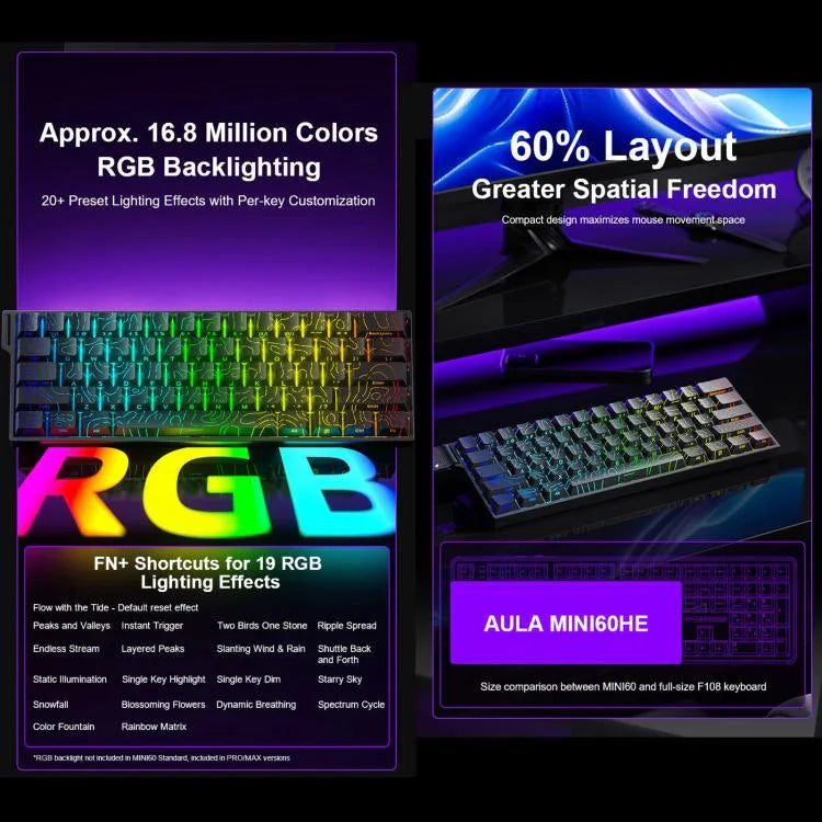 Teclado Mecânico Gaming Sem Fios AULA MINI60 HE Pro 61 Teclas RGB