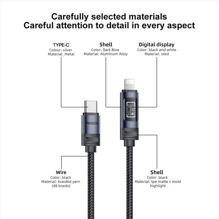 Yesido CA201 Cabo de Dados e Carregamento 27W Tipo-C para 8 Pinos com Ecrã OLED, Tipo-C para 8 Pinos