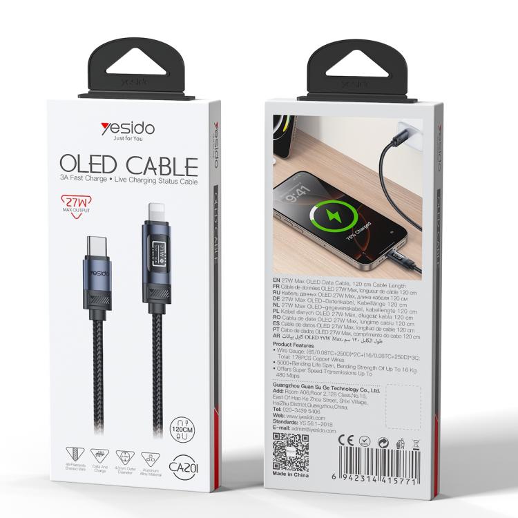 Yesido CA201 Cabo de Dados e Carregamento 27W Tipo-C para 8 Pinos com Ecrã OLED, Tipo-C para 8 Pinos