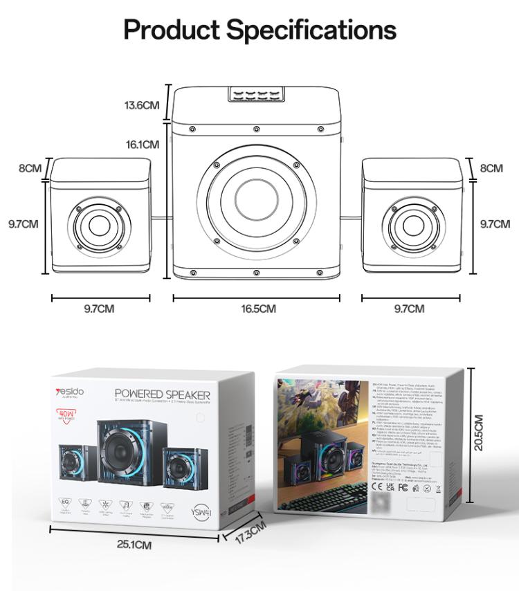 Coluna Bluetooth Yesido YSW41 40W Sistema 2.1 Canais com Subwoofer e Luzes RGB Coloridas, YSW41