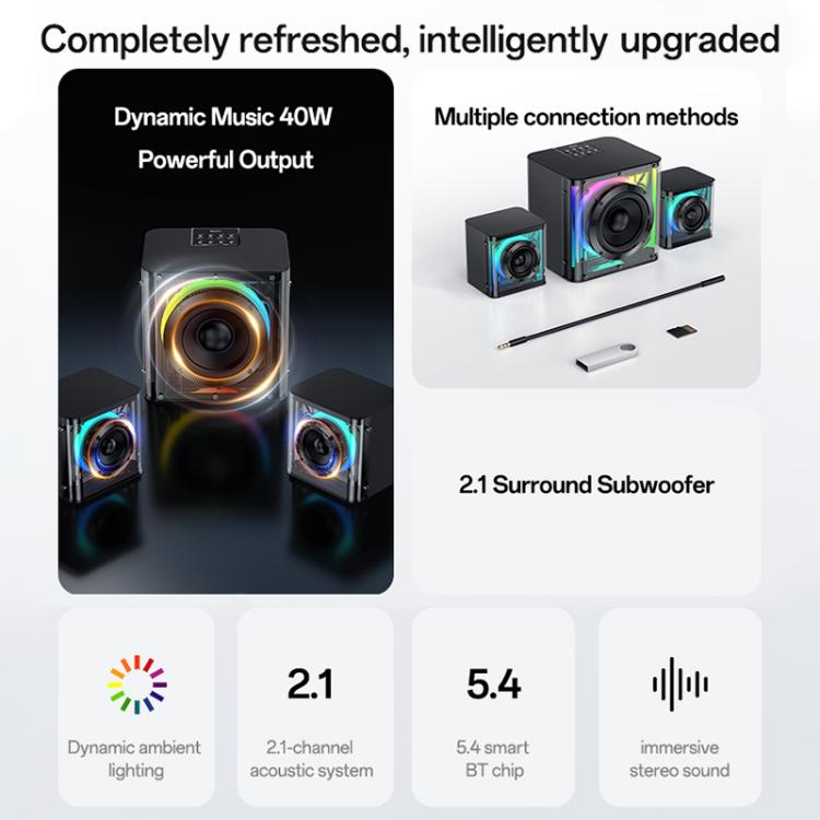 Coluna Bluetooth Yesido YSW41 40W Sistema 2.1 Canais com Subwoofer e Luzes RGB Coloridas, YSW41