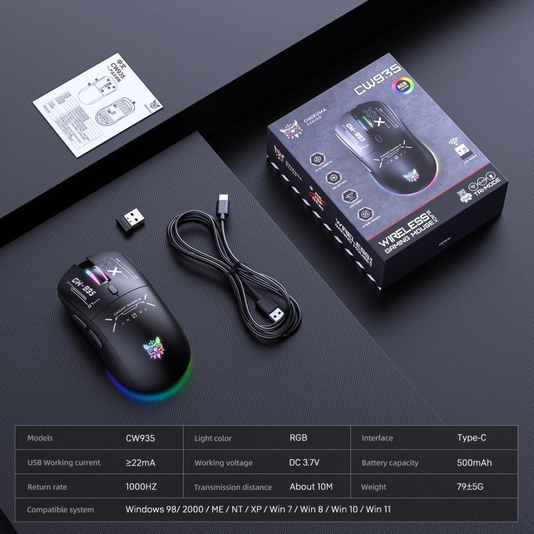 Rato Sem Fios ONIKUMA CW935 12800DPI 2.4GHz + BT + Com Fios Tri-modo RGB, CW935
